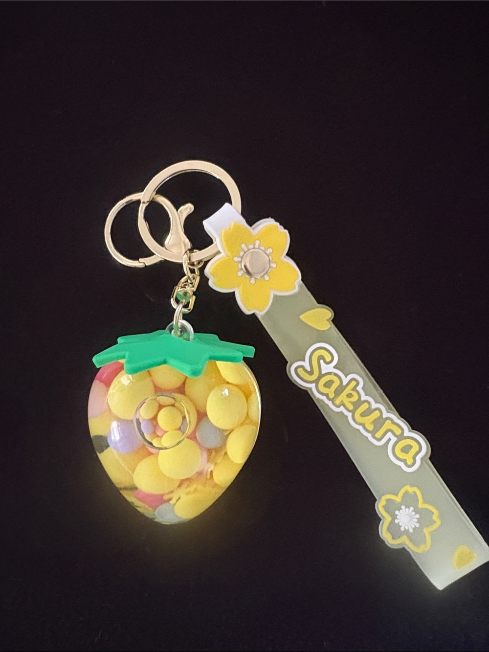Yellow & Green Strawberry Water Bead Glitter Filled Bag Charm Keychain